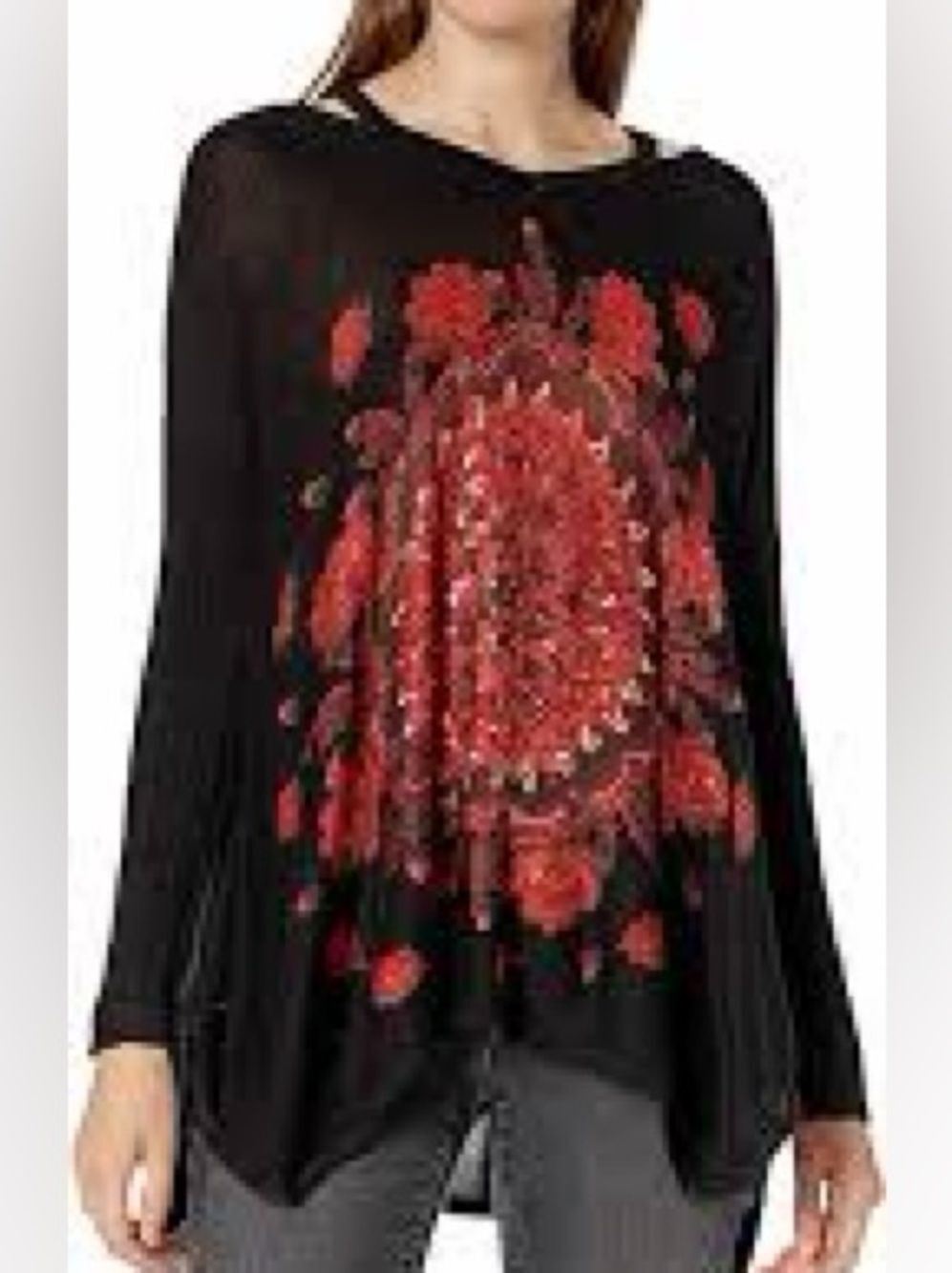 Desigual Black Floral Draped Tunic Top with Red Accents XL